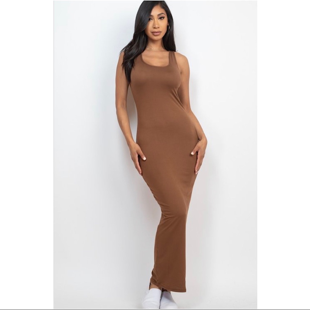 Brown Solid Basic Maxi Bodycon Dress